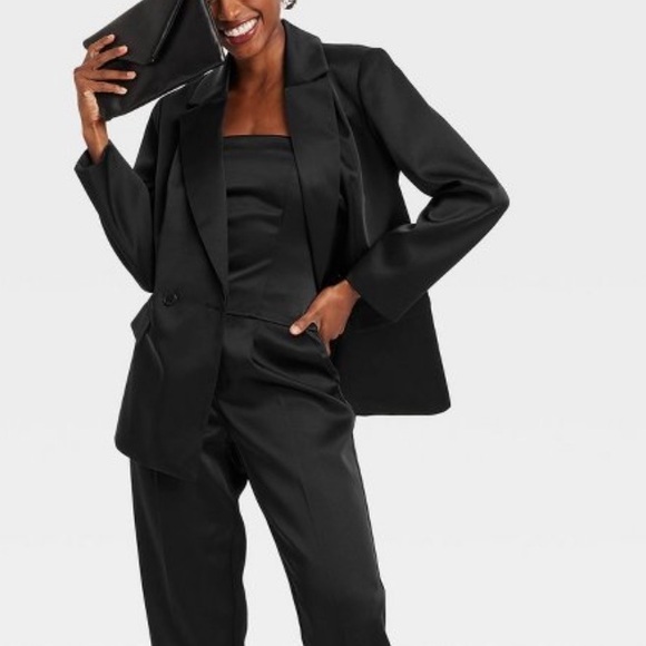 Black satin blazer - oversized relaxed fit collared & button front detail - Picture 4 of 11